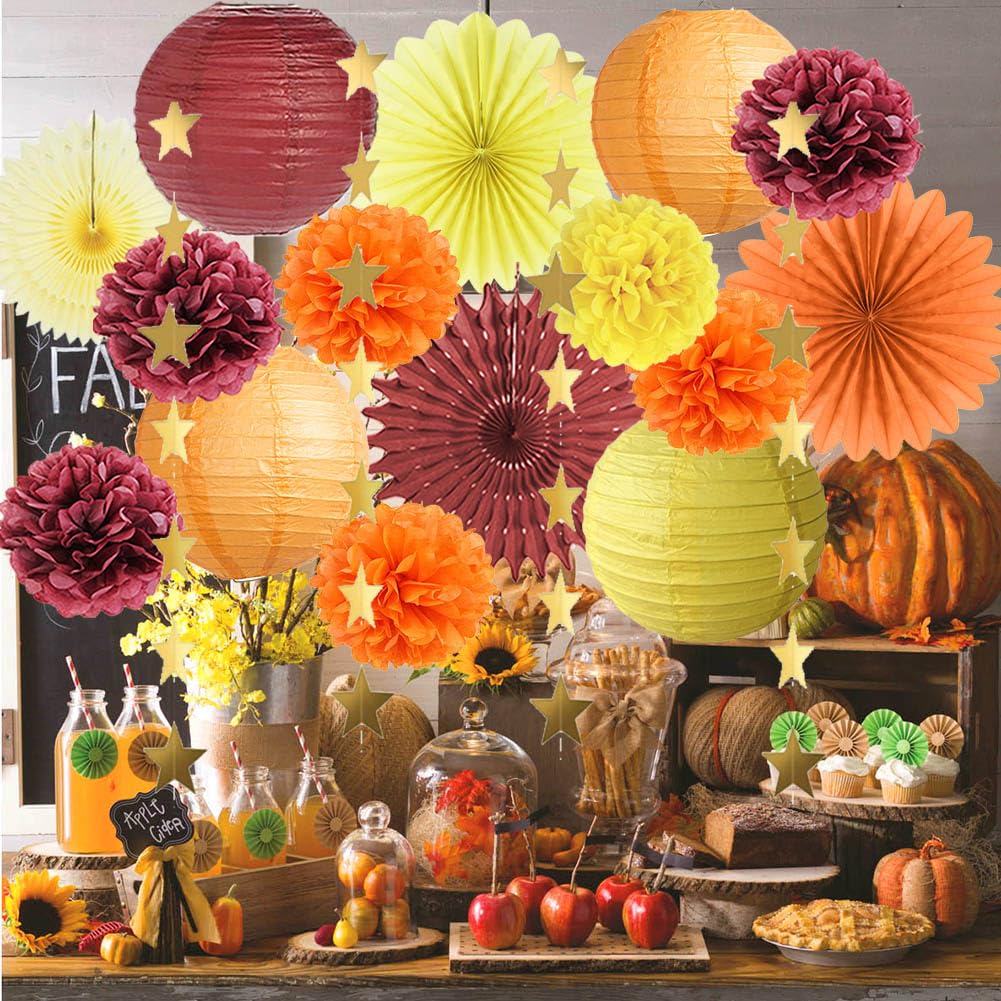 Orange and Burgundy Party Decorations Fall Party Decorations Orange Burgundy Yellow Paper Lanterns for Fall Baby Shower Bridal Shower Birthday Wedding Engagement Autumn Graduation Party Decor