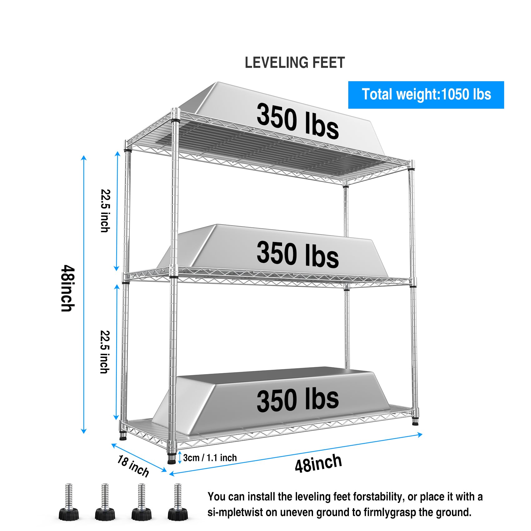 pouseayar 3-Tier Wire Shelving Unit, NSF Metal Shelf with 1050 LBS and Adjustable Storage Shelves, Heavy Duty Steel Organizer Wire Rack for Garage/kitchen/Office 48" H x 48" L x 18" D - Chrome