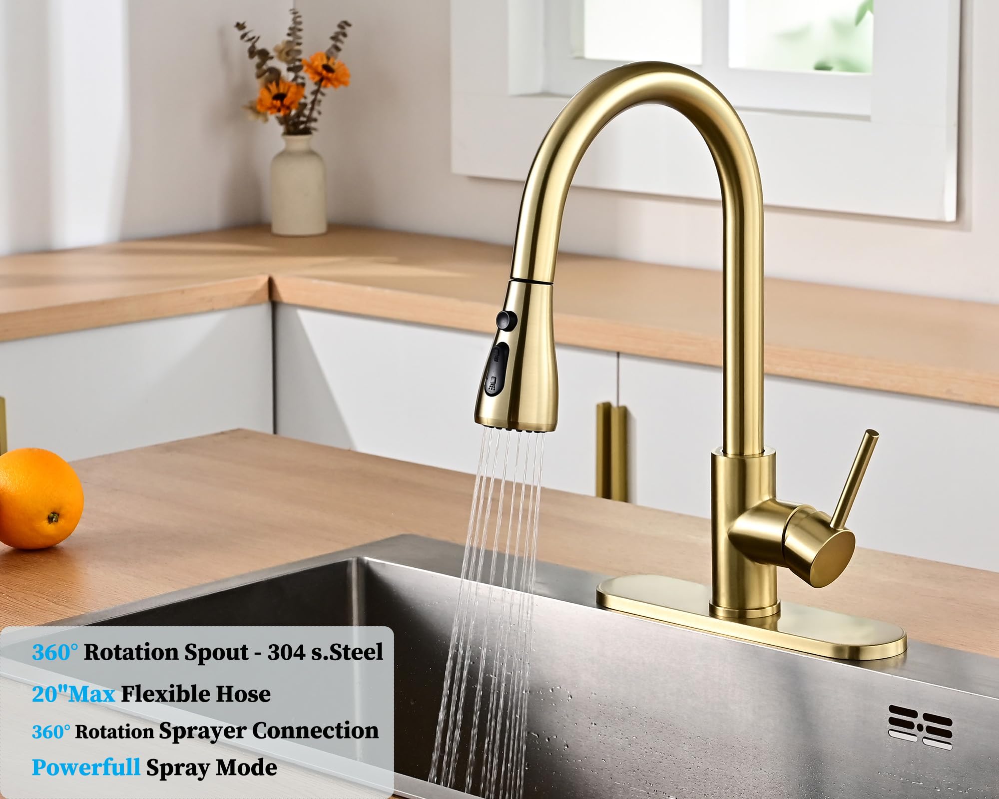 Havin Gold Kitchen Faucet with Pull Down Magnetic Sprayer, High Arc Stainless Steel Material, with cUPC Ceramic Cartridge,Fit for 1 and 3 Holes Kitchen Sink