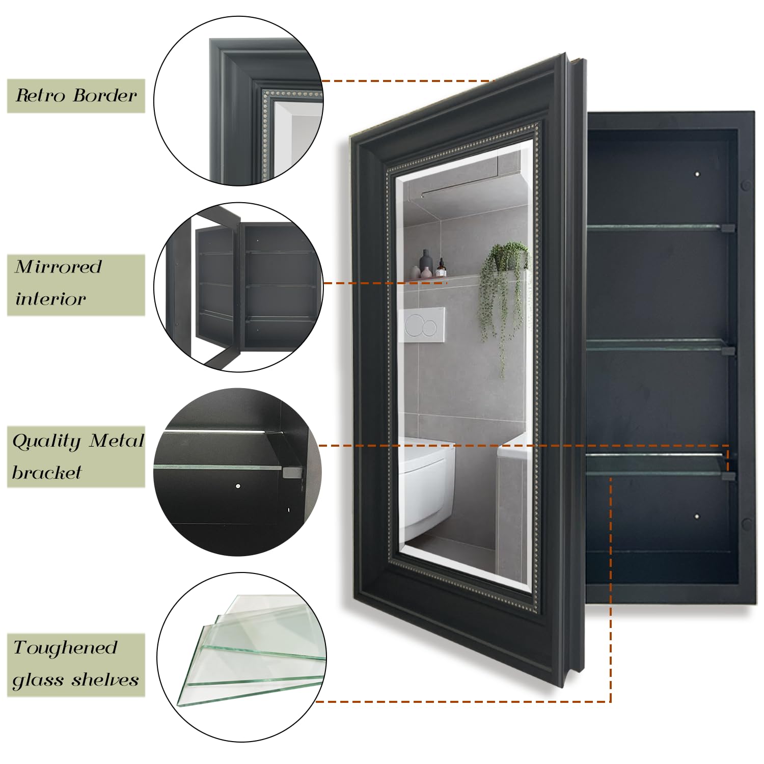 HESONTH 16"x26" Medicine Cabinet with Mirror Retro Bathroom Medicine Cabinet Organizer with Shelves Farmhouse Wall Mounted Hanging Rectangular Bathroom Mirror Cabinet Recess or Surface Mount