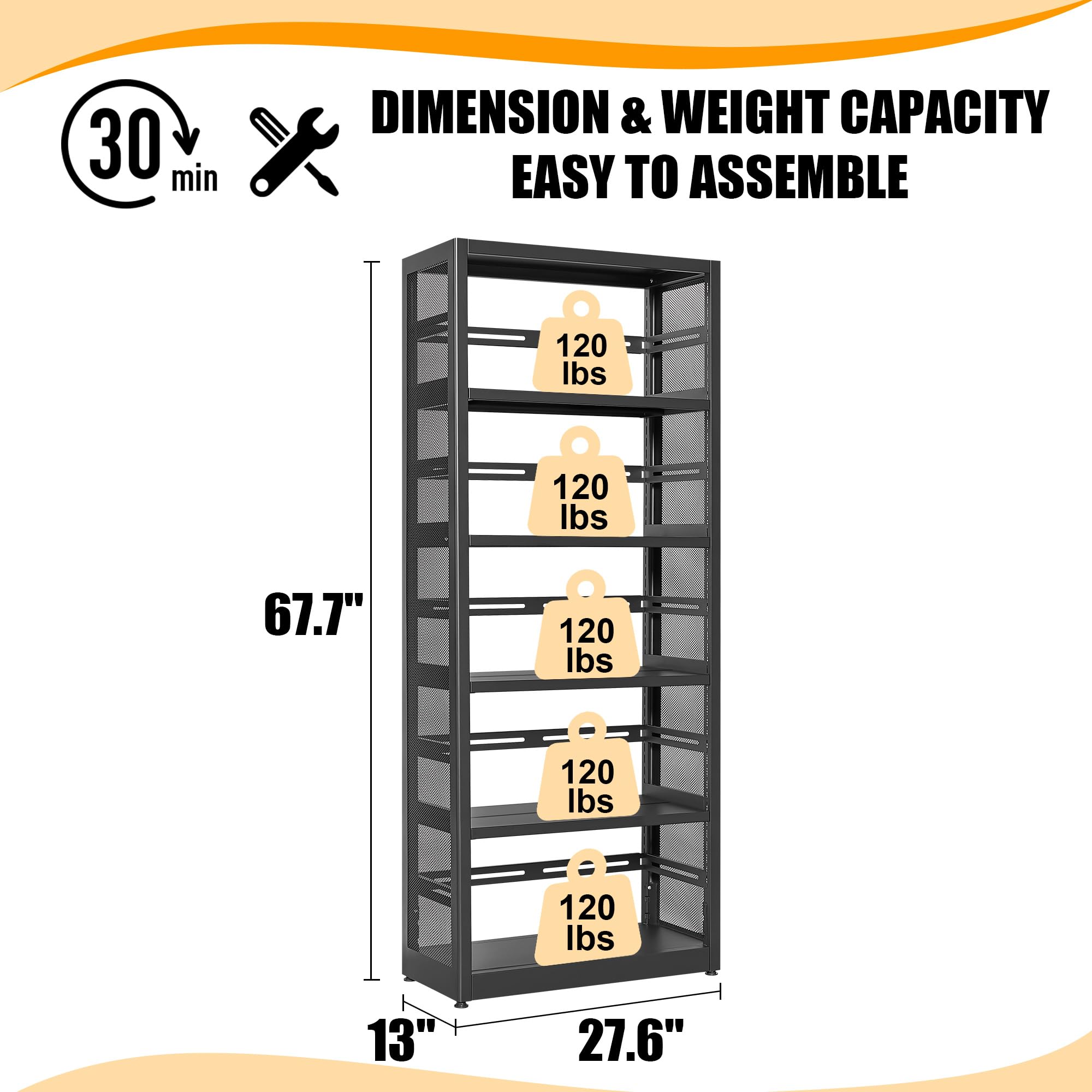 5 Tiers Bookshelf Tall Bookcase Shelf Storage Organizer Book Rack Utility Shelf Metal Shelf Adjustable Garage Shelving Organizer Rack for Kitchen Laundry Garage Bathroom Pantry Office 68" H*28"W*13"D