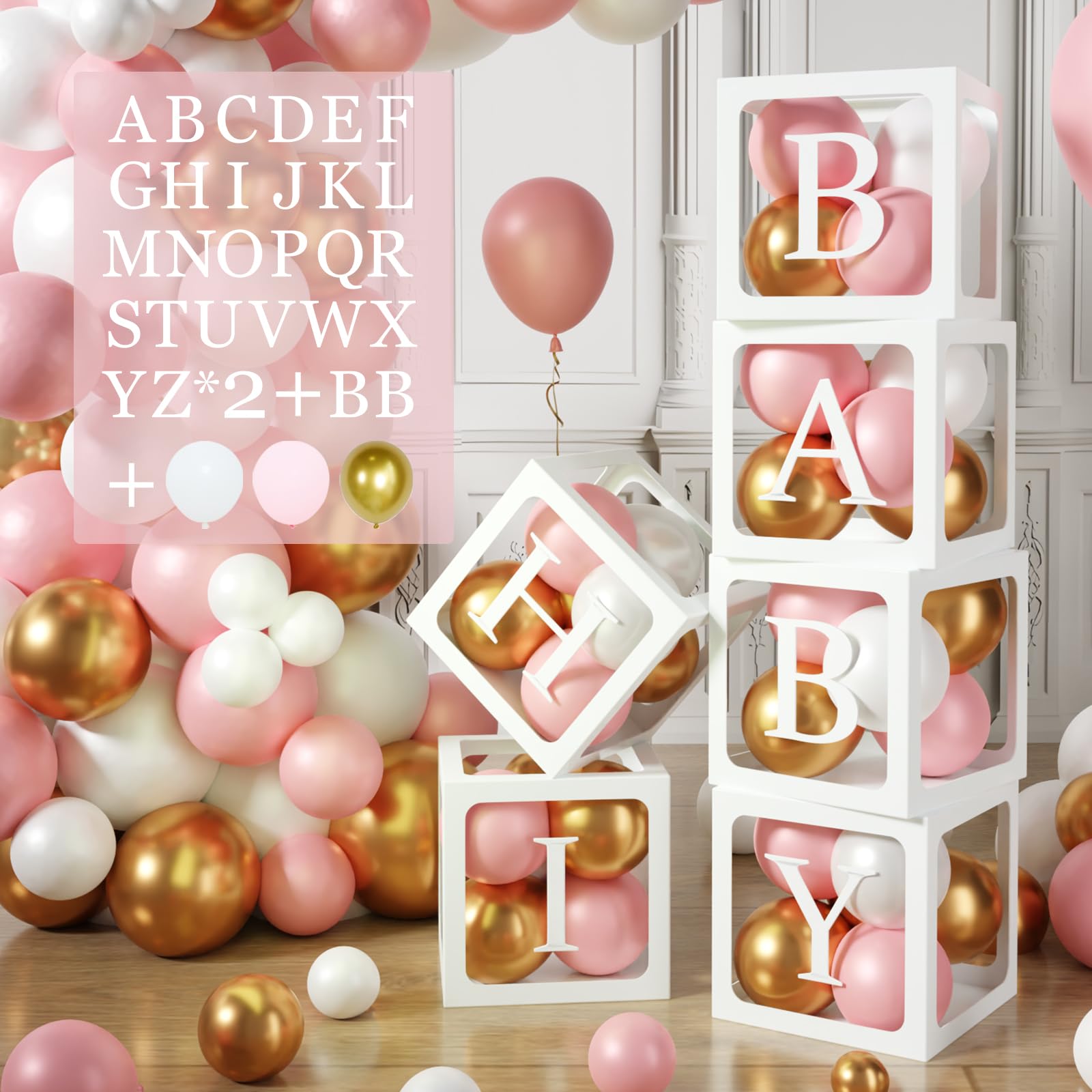 Baby Boxes with Letters for Baby Shower, 6pcs Transparent Boxes with 2 Set of A-Z+B Letter and 45pcs Balloons for Girl Baby Shower Decoration, Birthday Party Block, Bridal Shower Decor Backdrop