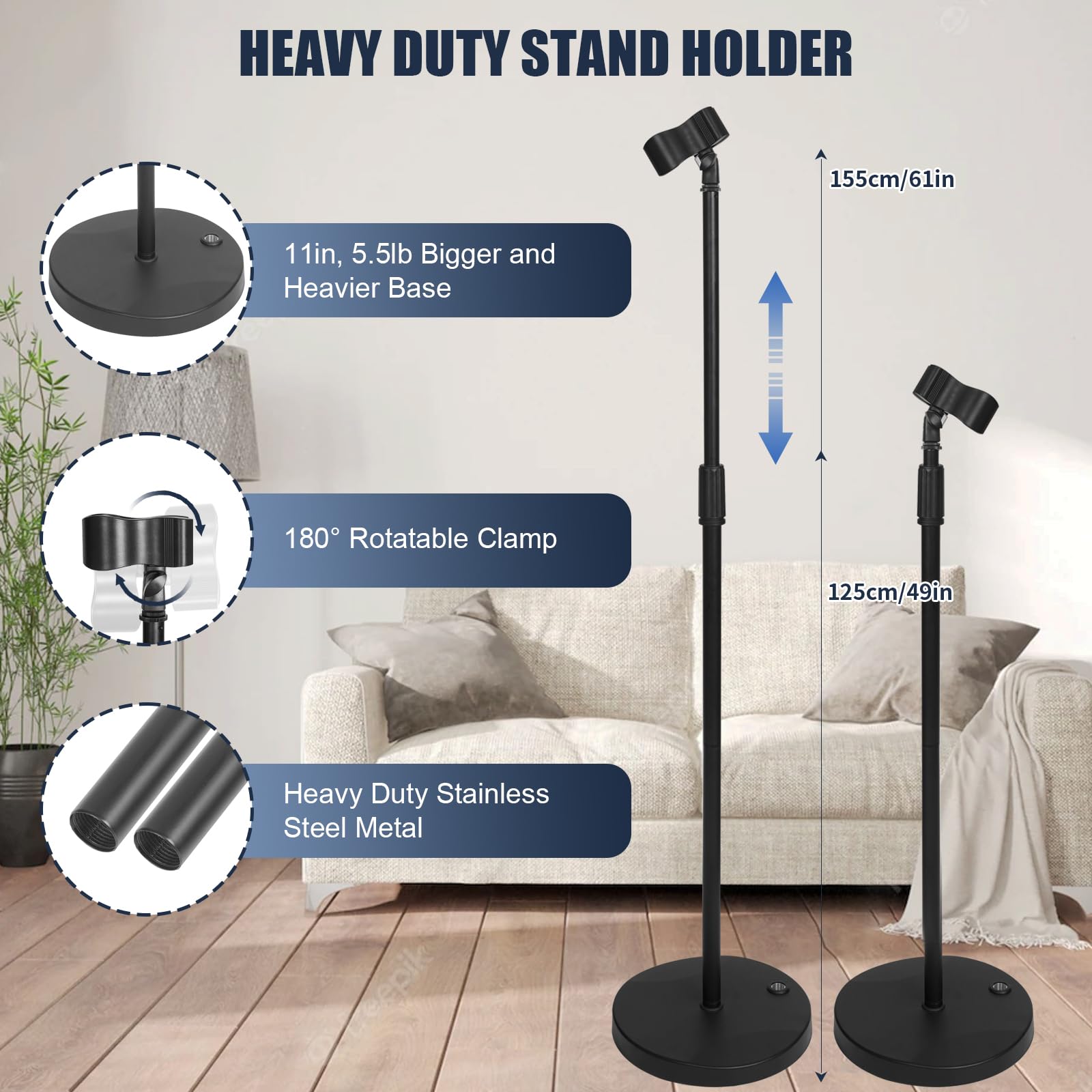 Hands Free Hair Dryer Stand Holder - 61in Adjustable Height Blower Stand Holder Floor Stand, Heavy Duty Metal Blow Dryer Stand with Heavy Base, 180° Rotatable Lady Hair Drying Holder for Women Pets