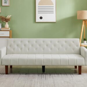 Linen Sofa Bed Sleeper Couch 74.4 Inch Convertible Loveseat Size for Small Space 3 Seater Chesterfield Button Tufted for Office Apartment Dorm Living Room Beige