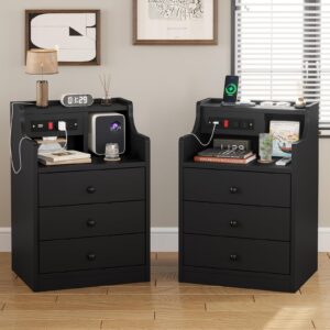 adorneve night stand set 2,black nightstand with charging station & hutch,night stands for bedrooms set of 2,bedside table with drawers