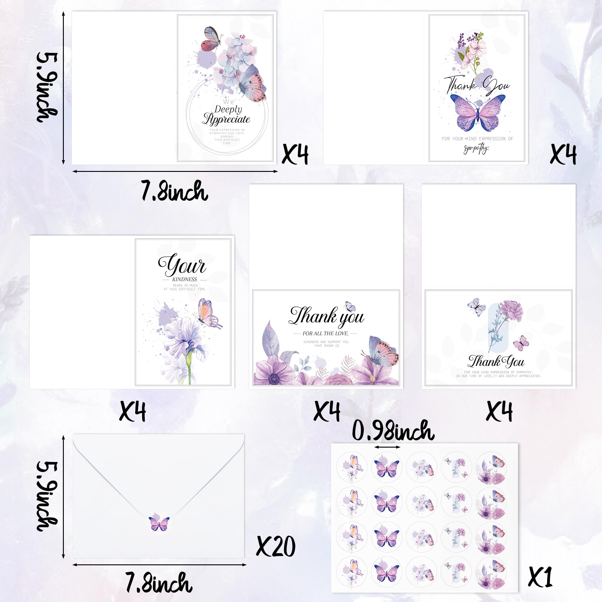 WATINC 60pcs Funeral Thank You Cards with Envelopes and Stickers, Purple Butterfly Bereavement Card Express Your Condolences, Memorial Sympathy Cards with Message Inside for Beloved Friends Family