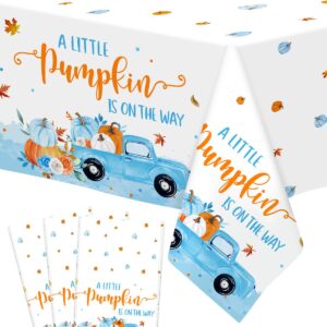 Nefelibata 3Pcs Blue Pumpkin Baby Shower Tablecloths A Little Pumpkin is On The Way Plastic Table Cover Party Supplies for Fall Halloween Thanksgiving Boy Baby Shower Party Decor