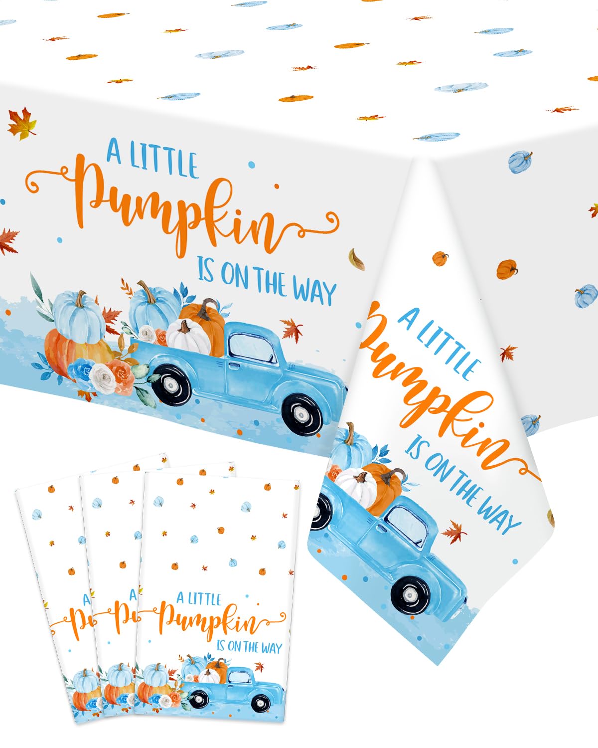 Nefelibata 3Pcs Blue Pumpkin Baby Shower Tablecloths A Little Pumpkin is On The Way Plastic Table Cover Party Supplies for Fall Halloween Thanksgiving Boy Baby Shower Party Decor