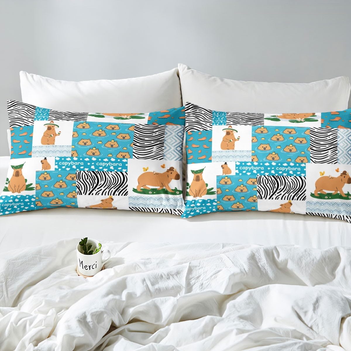 Kawaii Capybara Comforter Cover Cartoon Animal Bed Set, Blue Plaid Checkered Duvet Cover Queen Size Cute Cow Printed Bedding Sets, Lovely Zebra Print Bedspread Cover Breathable for All Seasons