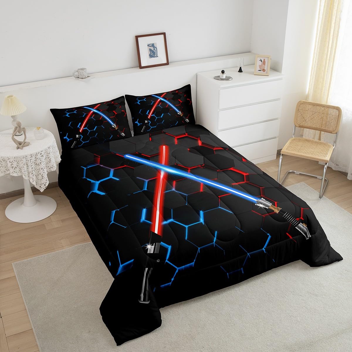 Neon Red Blue Lightsaber Bedding Set Twin Size Geometric Honeycomb Comforter Set 2Pcs for Kids Girls Boys Teens Room Decor Fashion Games Quilt Set Black 3D Hexagon Duvet Insert,1 Pillowcase