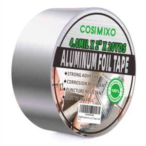 cosimixo silver aluminum foil duct tape 4.0mil x 2 inches x 20yards,heavy duty,high temperature sealing and patching,perfect for hvac,air ducts,foamboard,metal repair,insulation,dryer vent and more