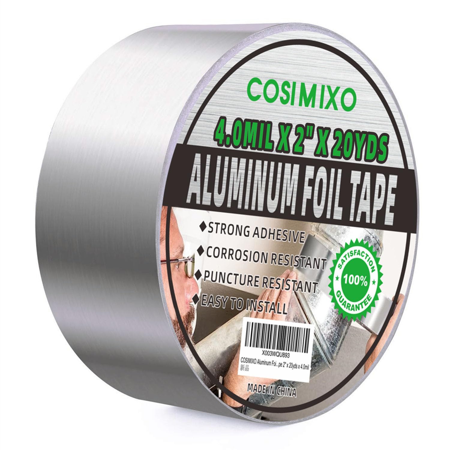 COSIMIXO Silver Aluminum Foil Duct Tape 4.0mil x 2 Inches x 20Yards,Heavy Duty,High Temperature Sealing and Patching,Perfect for HVAC,Air Ducts,Foamboard,Metal Repair,Insulation,Dryer Vent and More