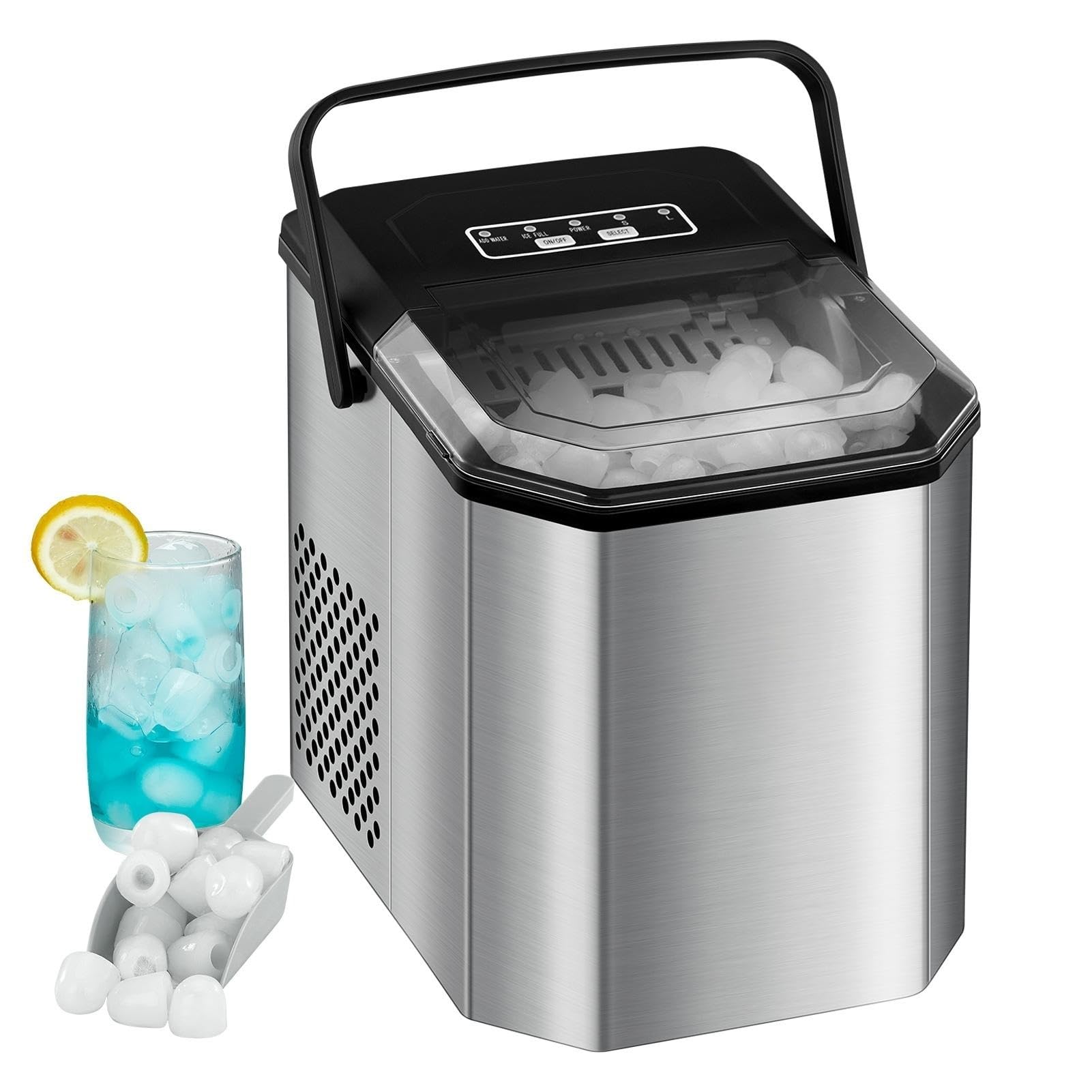 Countertop Ice Maker, 26 lbs in 24 Hours, 9 Bullet Ice Cubes Ready in 6 Mins, Portable Ice Machine with Handle, 2 Sizes Ice Cubes, with Ice Scoop and Basket for Home/Kitchen/Bar/RV