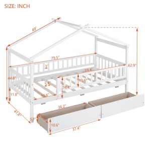 BestLM Twin Size Wooden House Bed with Two Storage Drawers for Kids, Wood Platform Bed Frame with Fence, Roof, and Safety Guardrail for Kids, Teens, Girls, Boys, White