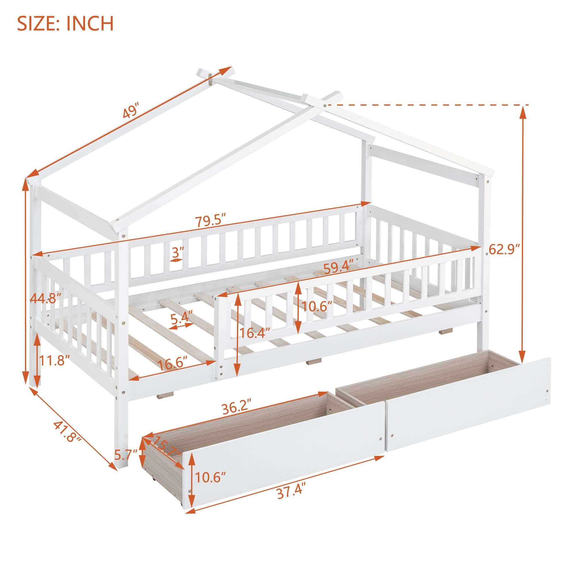 BestLM Twin Size Wooden House Bed with Two Storage Drawers for Kids, Wood Platform Bed Frame with Fence, Roof, and Safety Guardrail for Kids, Teens, Girls, Boys, White