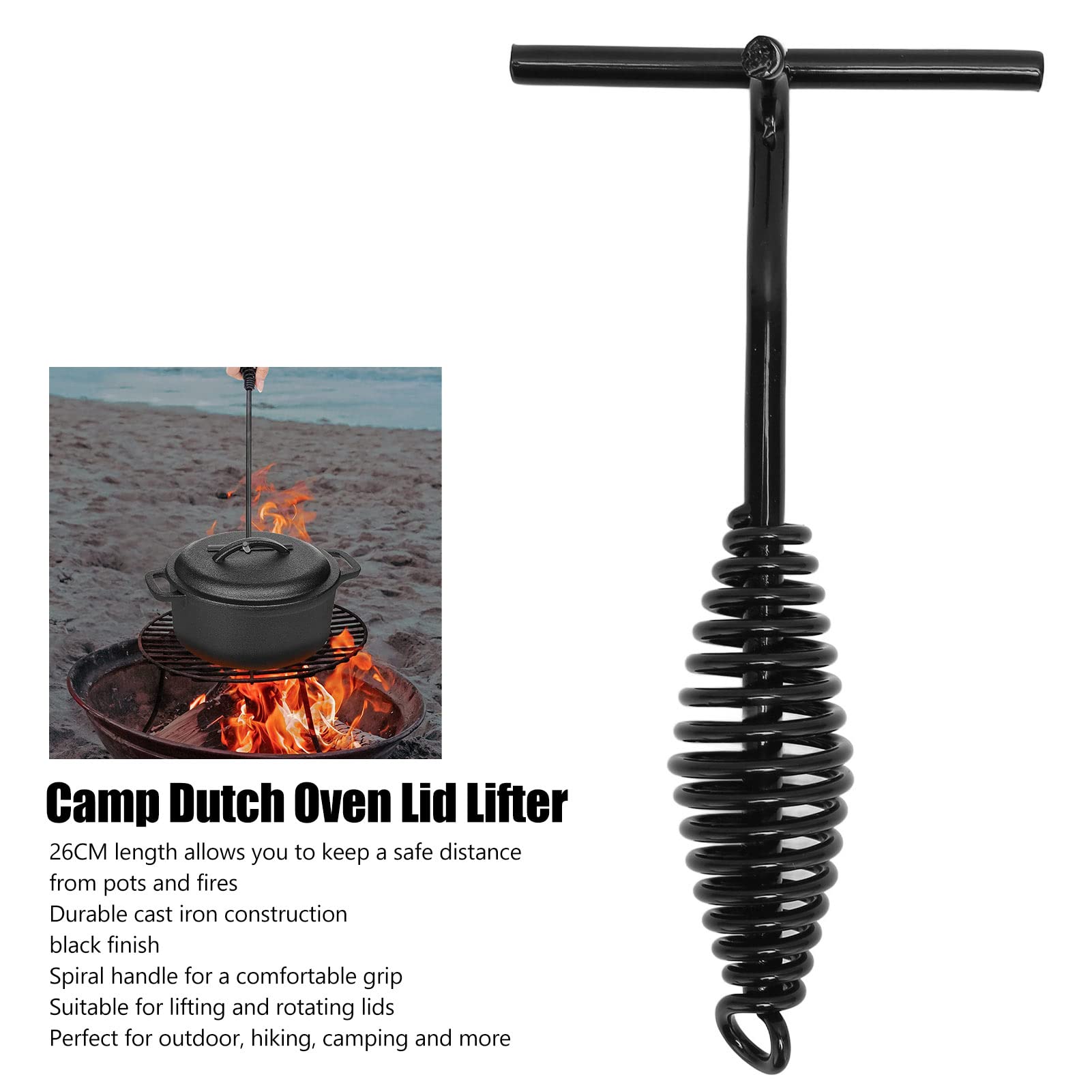 Dutch Oven Lid Lifter, 26cm Cast Iron Black Camp Dutch Oven Lid Lifter with Spiral Bail Handle Hot Lids Lifter for Lifting and Carrying Dutch Ovens Lid