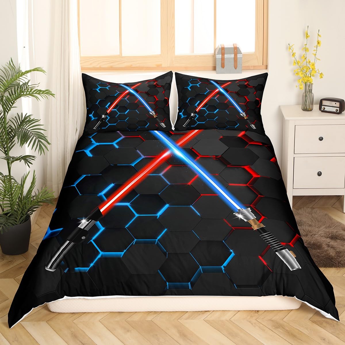 Geometric Honeycomb Duvet Cover Set Full Size Neon Red Blue Lightsaber Bedding Set 3Pcs for Kids Girls Boys Teens Room Decor Fashion Games Comforter Cover Black 3D Hexagon Quilt Cover,2 Pillowcases