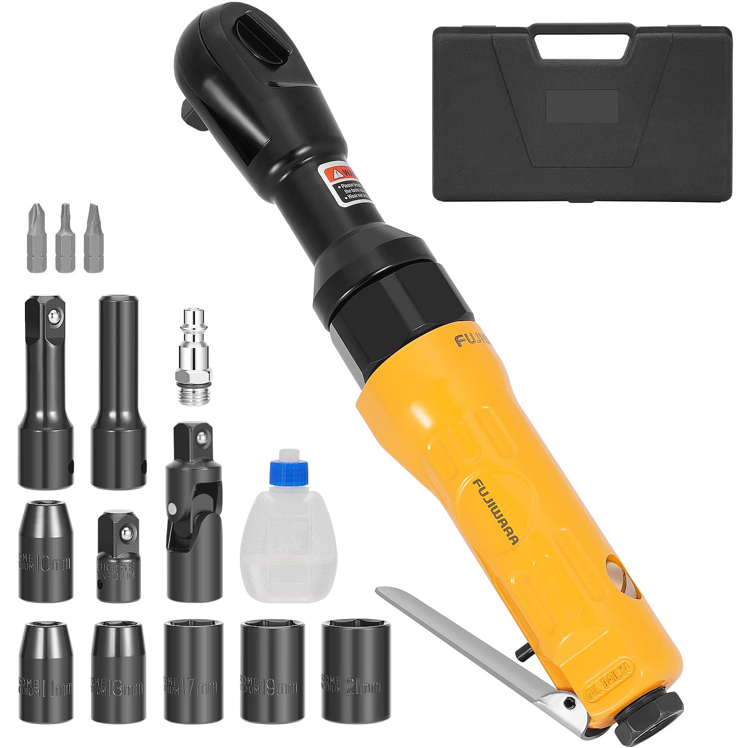 FUJIWARA 3/8 Inch Air Ratchet Wrench Set with 1/2" Drive Adapter,50ft-lbs Pneumatic Torque Impact Wrench Tools Kit with 6 Sockets(10,11,13,17,19,21MM) for Auto Maintenance, Repair Work -Yellow