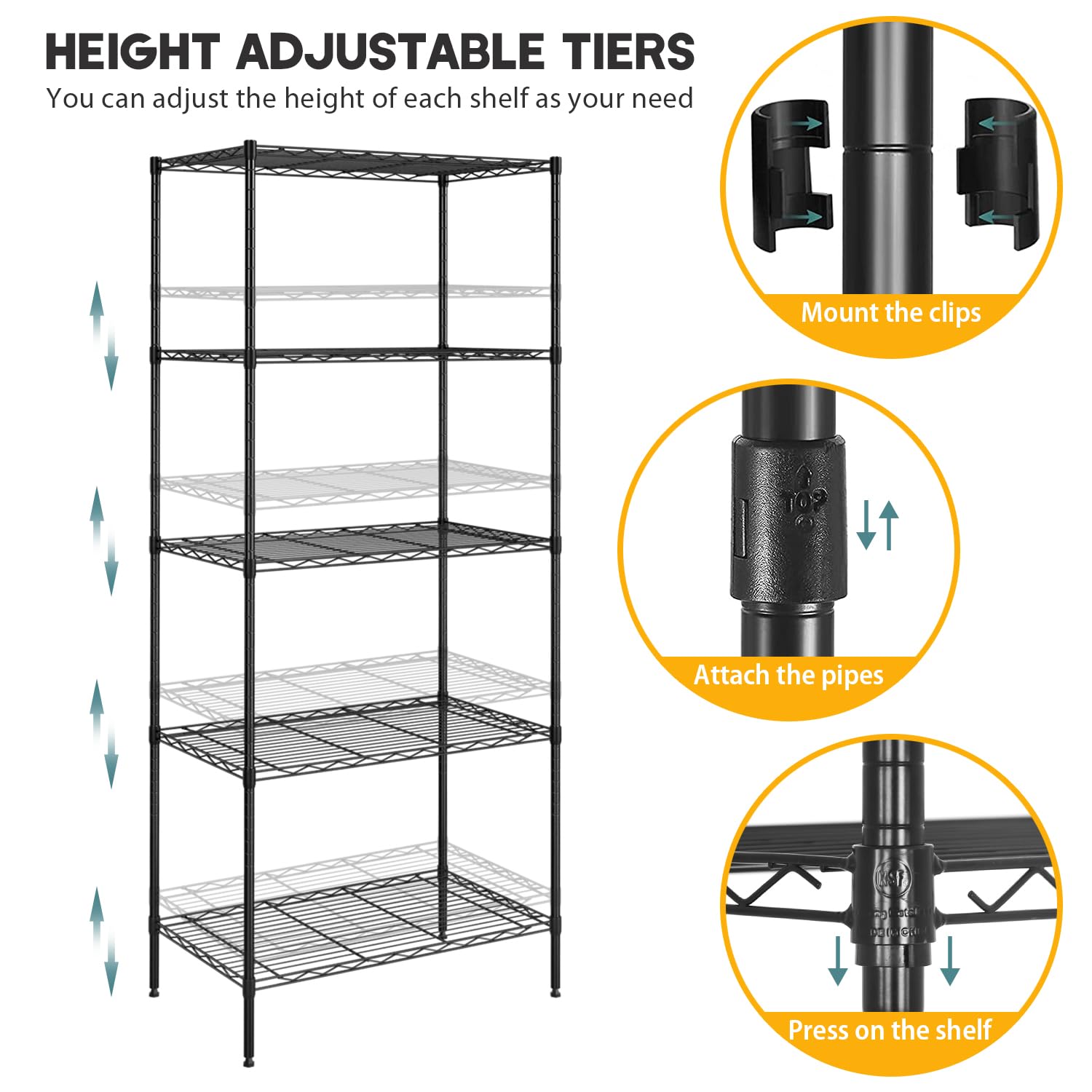 PayLessHere Shelves Shelf Wire Shelving Heavy Duty Storage 5 Tier Shelves with Adjustable Height Sturdy Steel Construction Certified by NSF Maximum 1250lbs Capacity Easy Assembly (Black, 24×14×60)