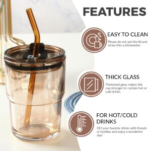 Puraville 12 oz Coffee Cup 2pcs Glass Cups with Lids and Straws Coffee Mug Set with Insulated sleeve Glass Tumbler Drinking Jar, Amber and Gray