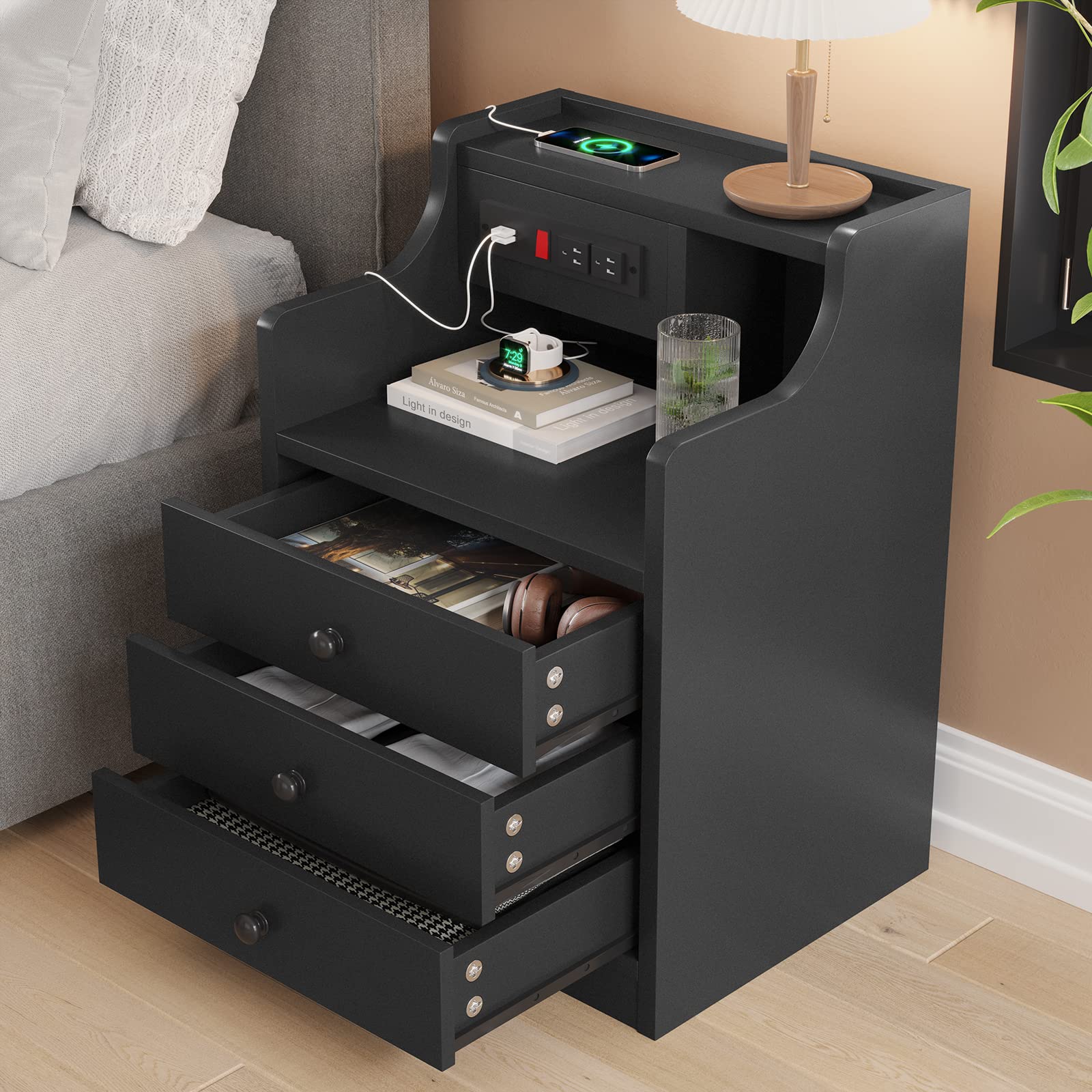 ADORNEVE Night Stand Set 2,Black Nightstand with Charging Station & Hutch,Night Stands for Bedrooms Set of 2,Bedside Table with Drawers