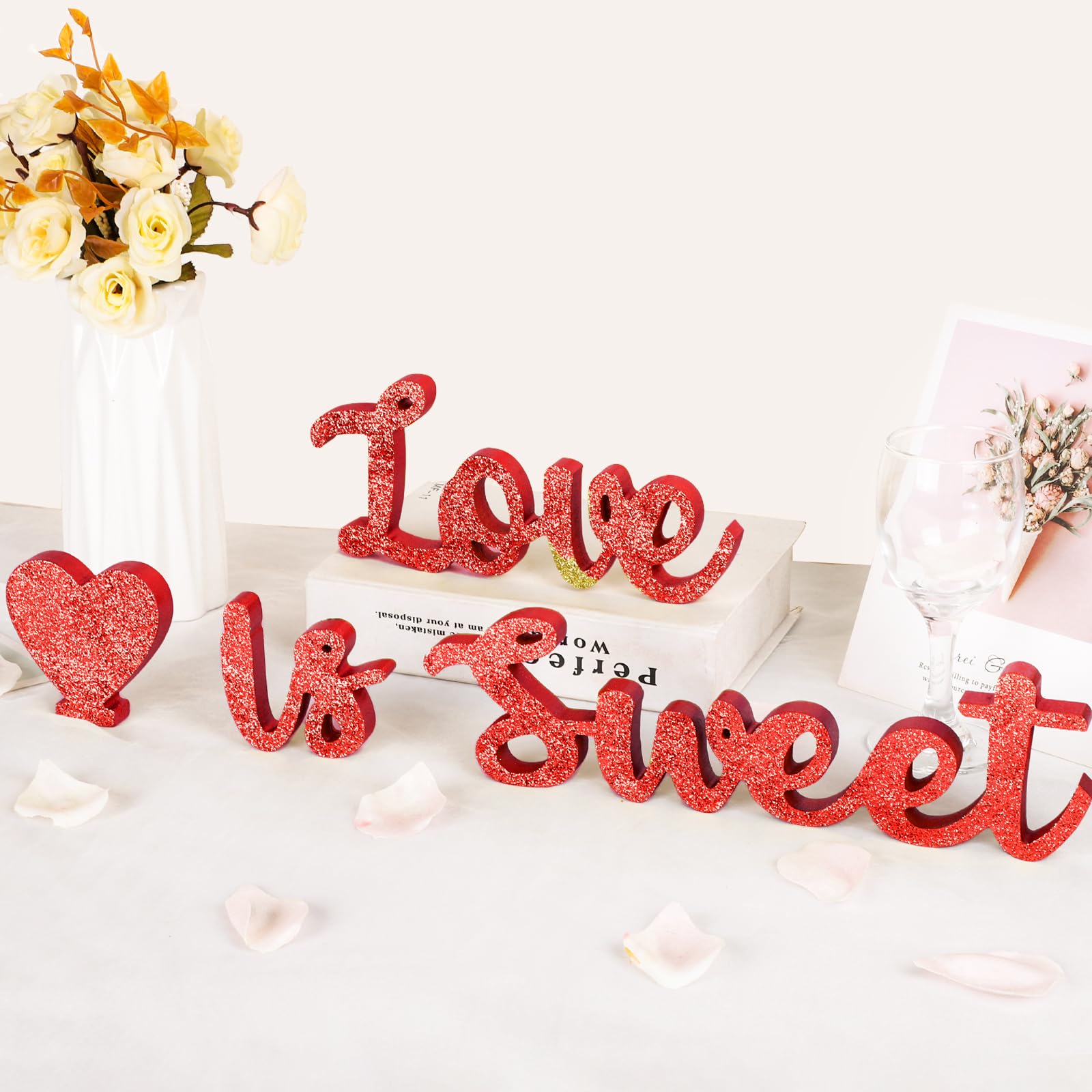 Love is Sweet Wedding Table Decor Wooden Love Sign for Dessert Wedding Sweetheart Table Decorations for Photo Props Wooden Love Letter Table Decorative(Glitter Red)