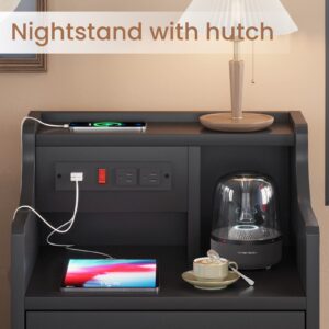 ADORNEVE Night Stand Set 2,Black Nightstand with Charging Station & Hutch,Night Stands for Bedrooms Set of 2,Bedside Table with Drawers