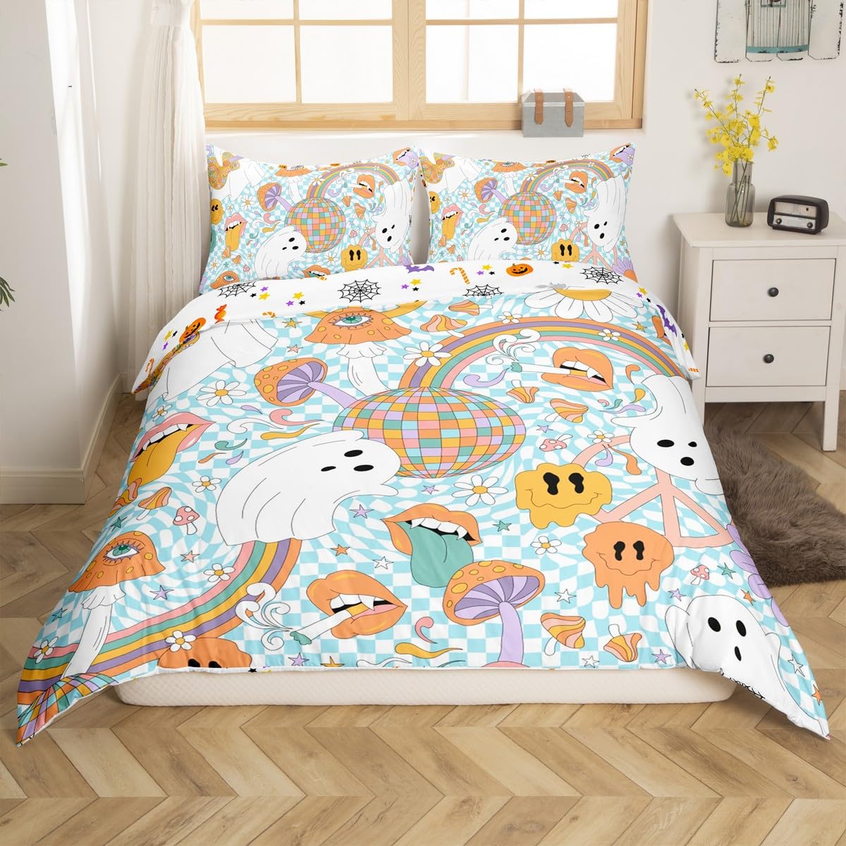 Erosebridal Cartoon Ghost Duvet Cover Rainbow Bedding Set Full,Hippie Groovy Flowers Comforter Cover Gothic Bed Set Cute Mushroom Peace Symbol Boho Floral Kawaii Halloween Decorations Indoor