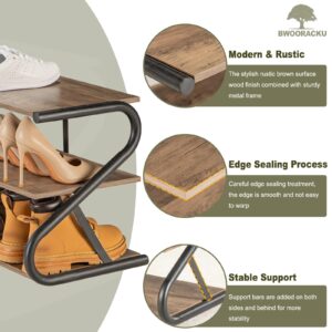 BWOORACKU Shoe Rack - Multi-Functional 3-Tier Z-Shaped Wooden Storage Organizer for Shoes, Entryway to Garage & More(Light Rustic)