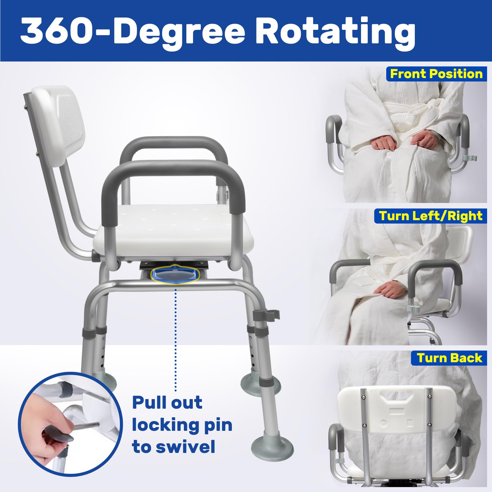 360° Swivel Shower Chair with Back and Arms,Rotating Swivel Bath Chair Handicap Shower Chair with Cold-Proof Pads, Support 340lbs,Tools-Free Assemble,Swivel Shower Chair for Inside Shower