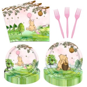 96 pcs classic pooh bear party supplies for girls 24 guests baby shower tableware plates napkins cartoon little bear bees dinnerware table decorations newborn 1st happy birthday party favor