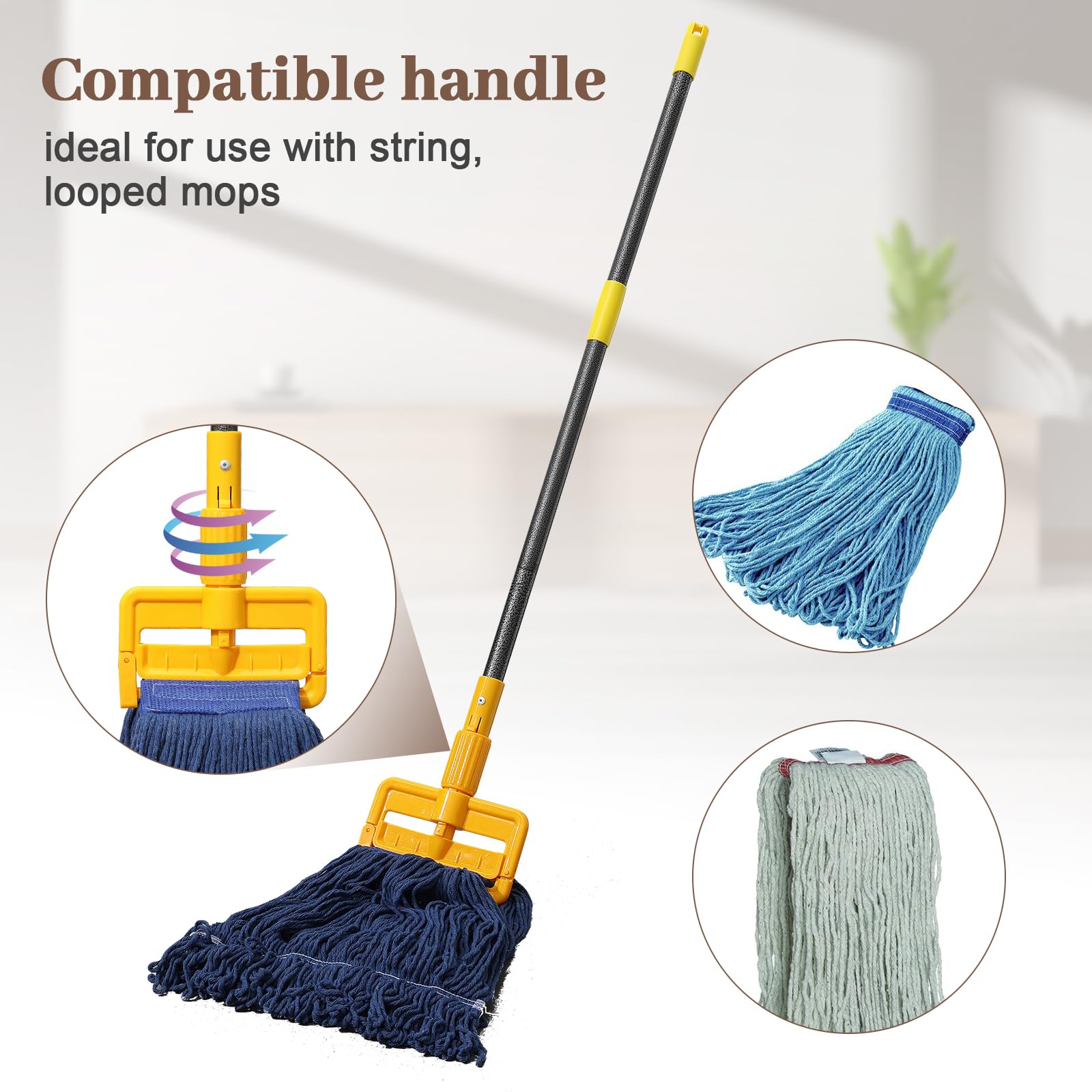 FLY HAWK Mop Handle Commercial Heavy Duty - 60 inch Metal Commercial Mop Stick,Side Gate Mop Head Replacement Holder for Floor Cleaning,Clamp Mop Handle Quick Change for Wet Mop (1)