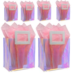 caleihd 6pcs holographic clear gift bags with tissue paper, 7.9 * 7.1 * 3.9 inch gift bags with handles,treat bags goody bags,for christmas, birthday party, weeding gift bags party supplies