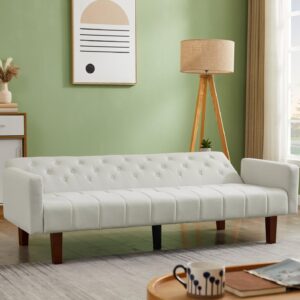 Linen Sofa Bed Sleeper Couch 74.4 Inch Convertible Loveseat Size for Small Space 3 Seater Chesterfield Button Tufted for Office Apartment Dorm Living Room Beige