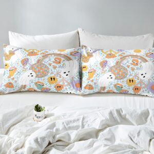 Erosebridal Cartoon Ghost Duvet Cover Rainbow Bedding Set Full,Hippie Groovy Flowers Comforter Cover Gothic Bed Set Cute Mushroom Peace Symbol Boho Floral Kawaii Halloween Decorations Indoor