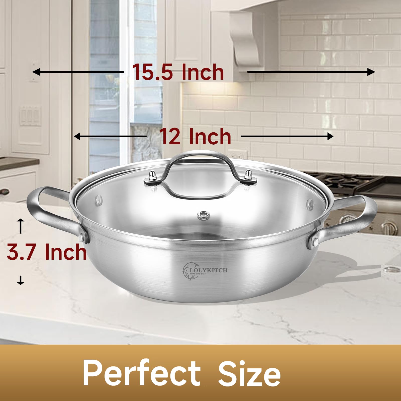 LOLYKITCH 12 Inch Tri-Ply Stainless Steel Sauté Pan with Lid,4 QT Hot Pot, Everyday Pan,Kadhai,Induction Cooking Pan,Jumbo Cooker,Dishwasher and Oven Safe.