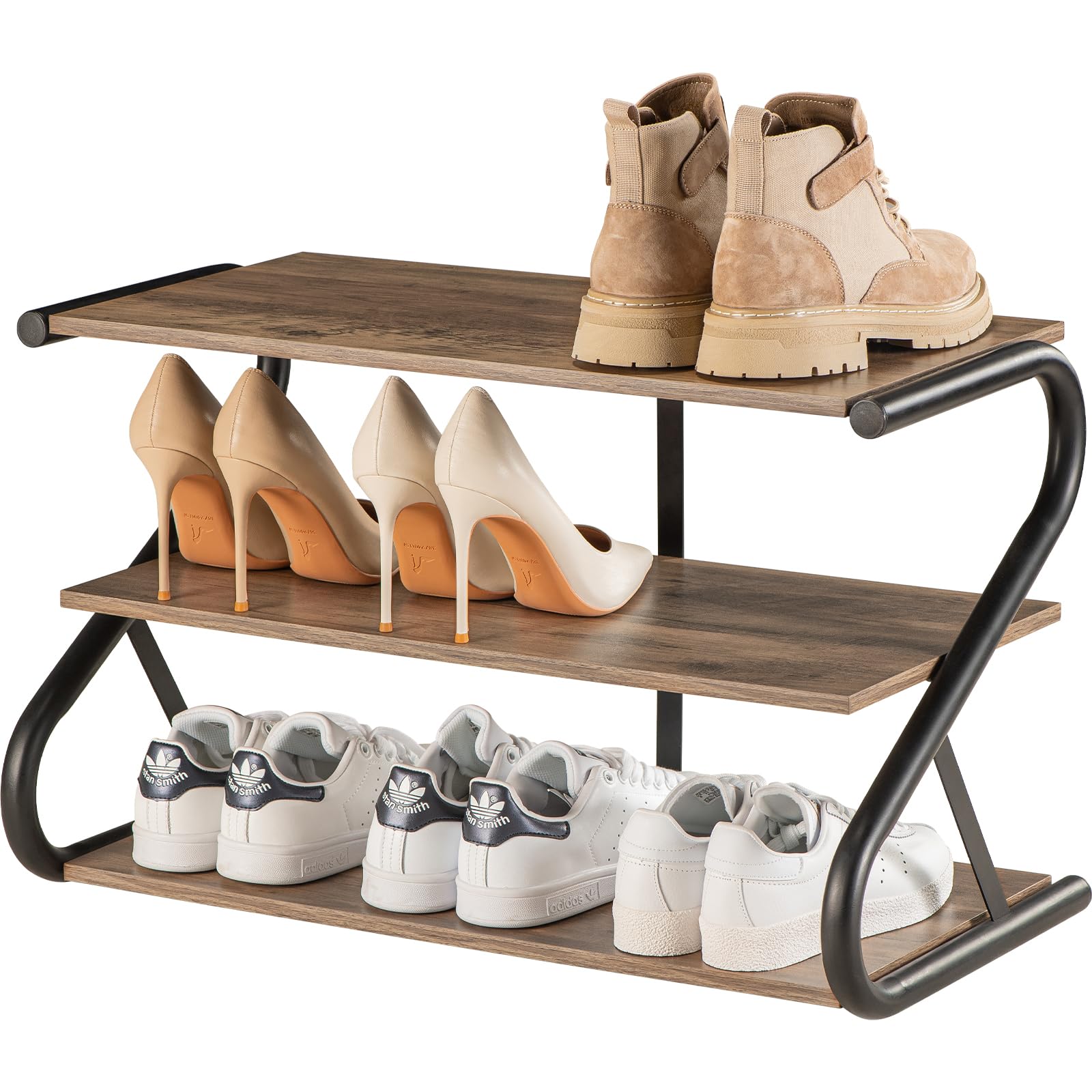 BWOORACKU Shoe Rack - Multi-Functional 3-Tier Z-Shaped Wooden Storage Organizer for Shoes, Entryway to Garage & More(Light Rustic)