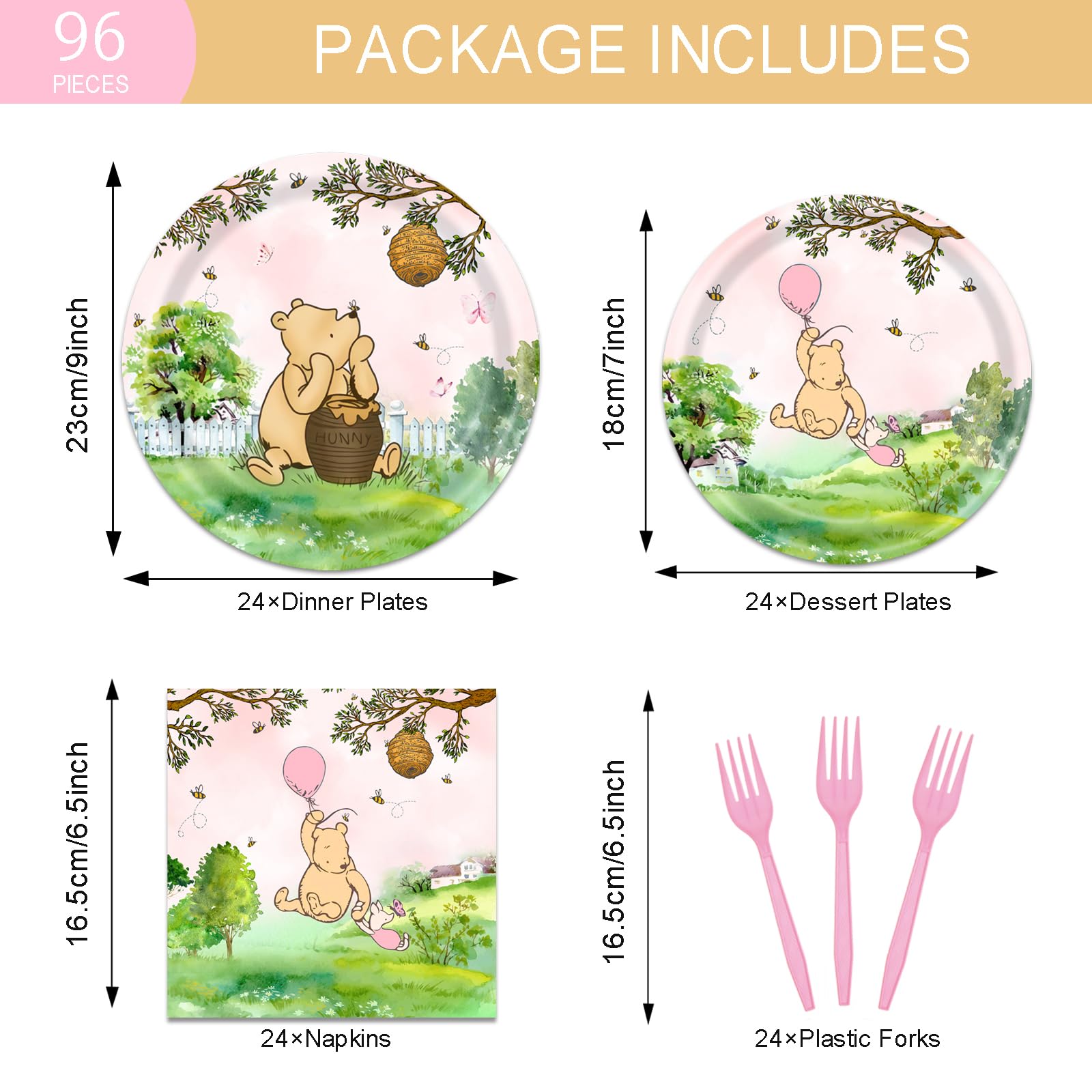 96 Pcs Classic Pooh Bear Party Supplies for Girls 24 Guests Baby Shower Tableware Plates Napkins Cartoon Little Bear Bees Dinnerware Table Decorations Newborn 1st Happy Birthday Party Favor