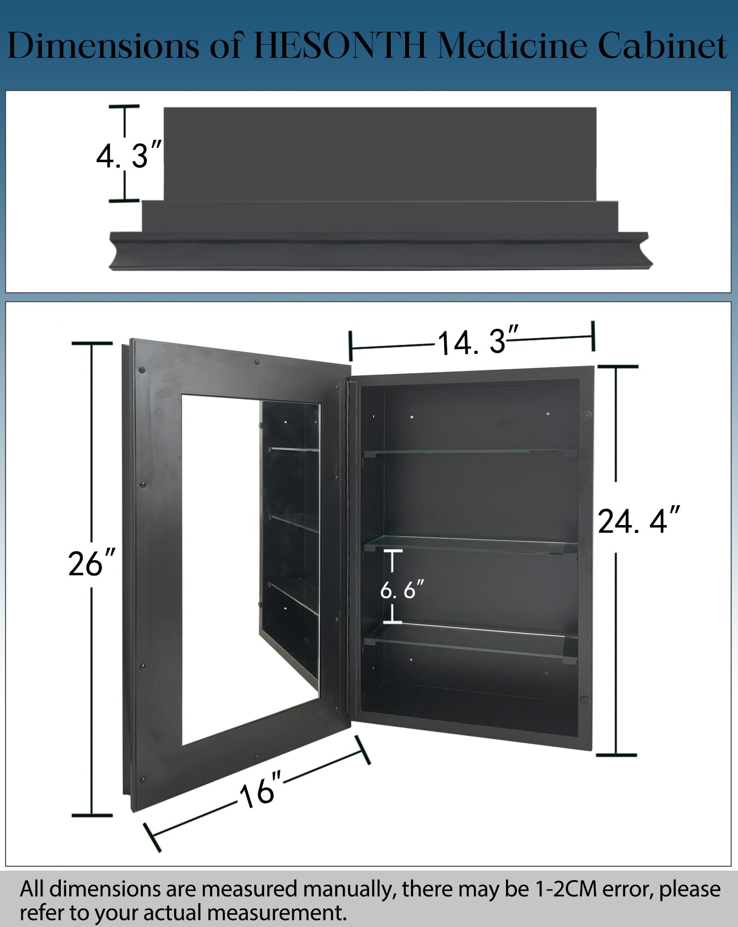 HESONTH 16"x26" Medicine Cabinet with Mirror Retro Bathroom Medicine Cabinet Organizer with Shelves Farmhouse Wall Mounted Hanging Rectangular Bathroom Mirror Cabinet Recess or Surface Mount