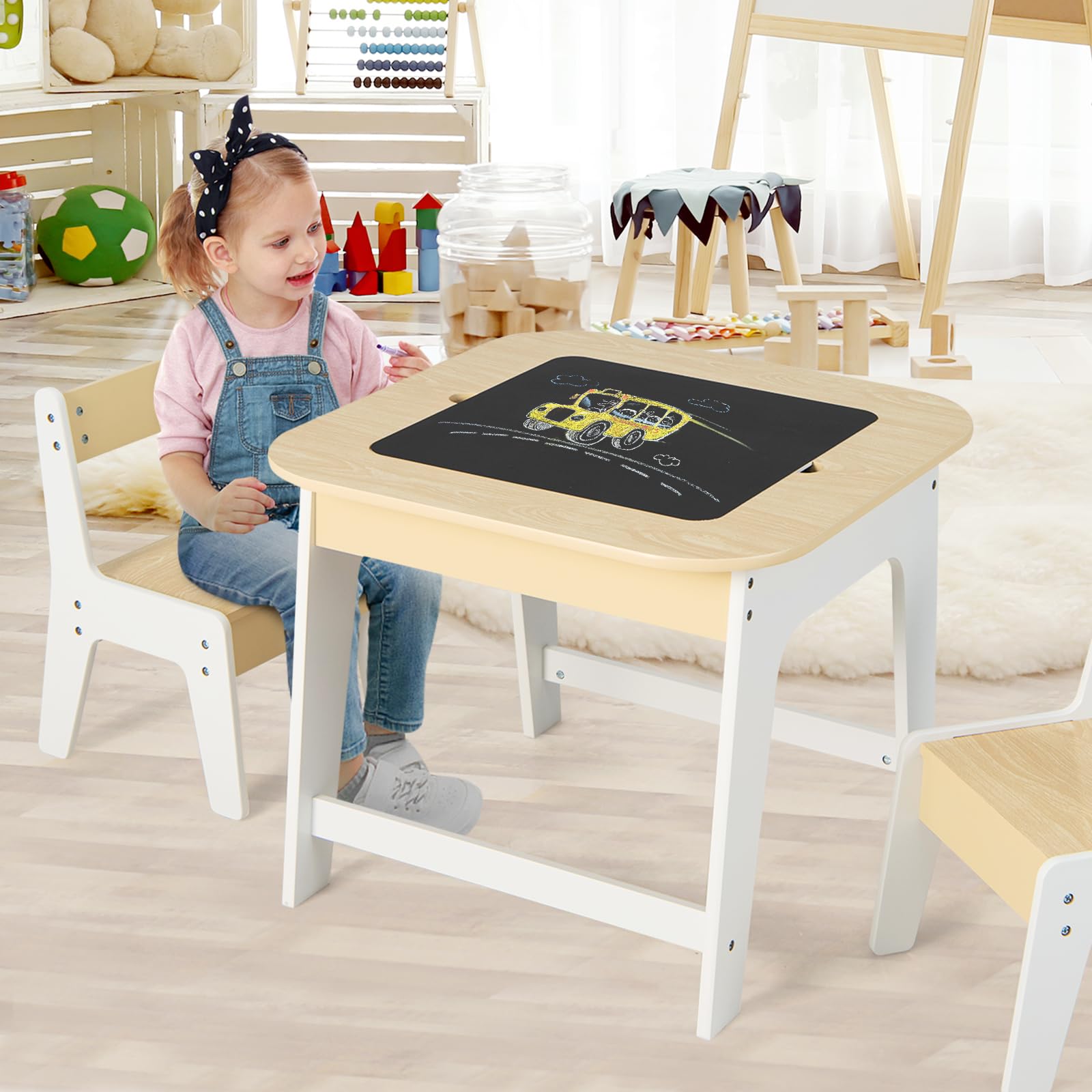 HONEY JOY Kids Table and Chair Set, 3-in-1 Children Wooden Activity Table and 2 Chairs for Art Craft, Reversible Blackboard, 3 PCS Toddler Furniture with Storage, Gift for Boys Girls (Natural)