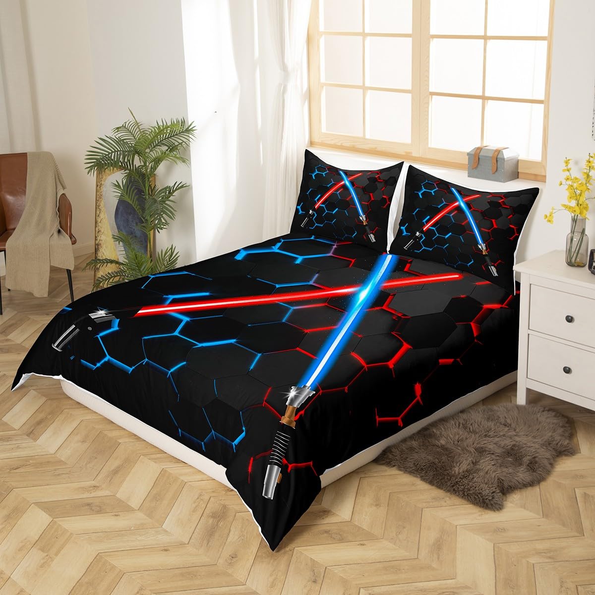 Geometric Honeycomb Duvet Cover Set Full Size Neon Red Blue Lightsaber Bedding Set 3Pcs for Kids Girls Boys Teens Room Decor Fashion Games Comforter Cover Black 3D Hexagon Quilt Cover,2 Pillowcases