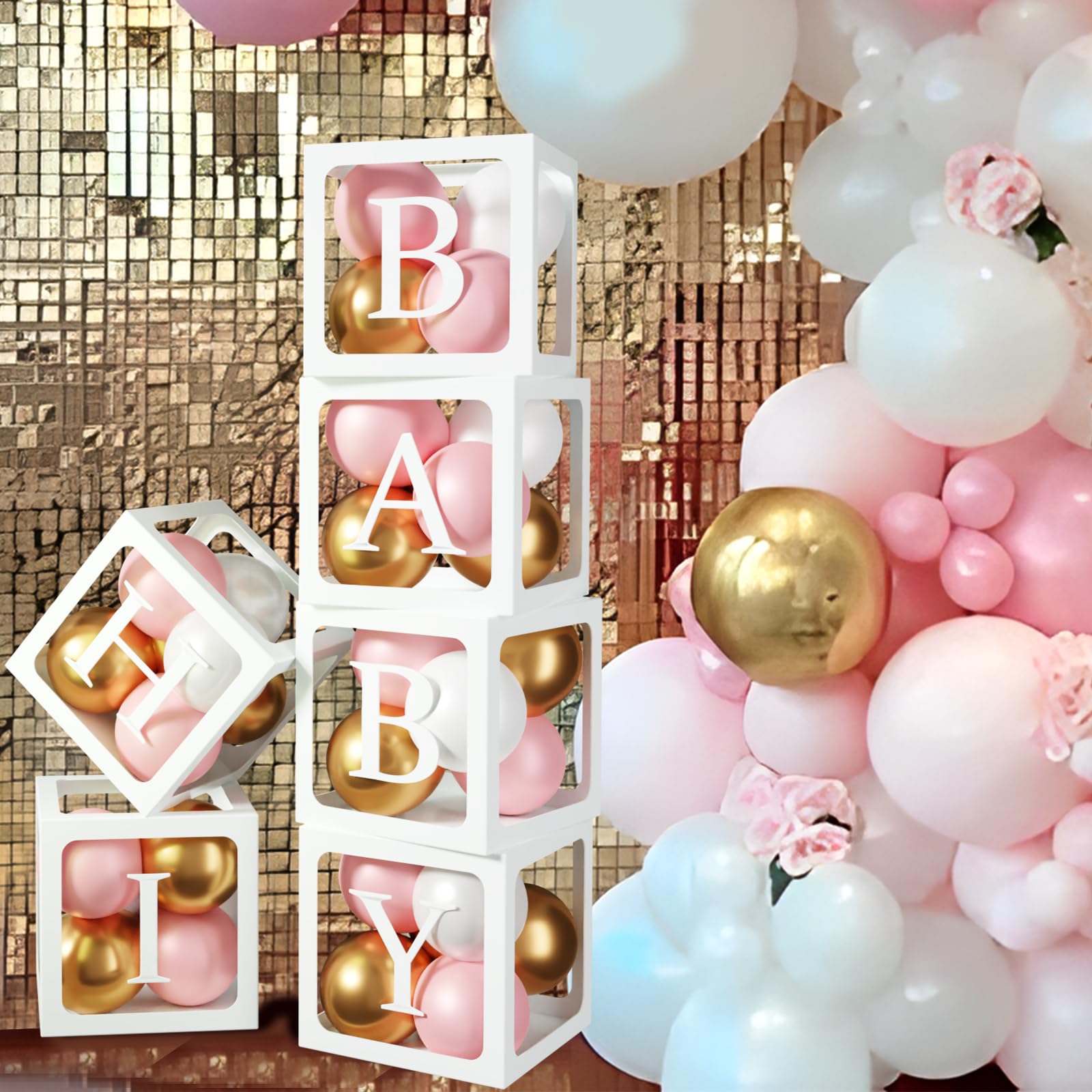 Baby Boxes with Letters for Baby Shower, 6pcs Transparent Boxes with 2 Set of A-Z+B Letter and 45pcs Balloons for Girl Baby Shower Decoration, Birthday Party Block, Bridal Shower Decor Backdrop