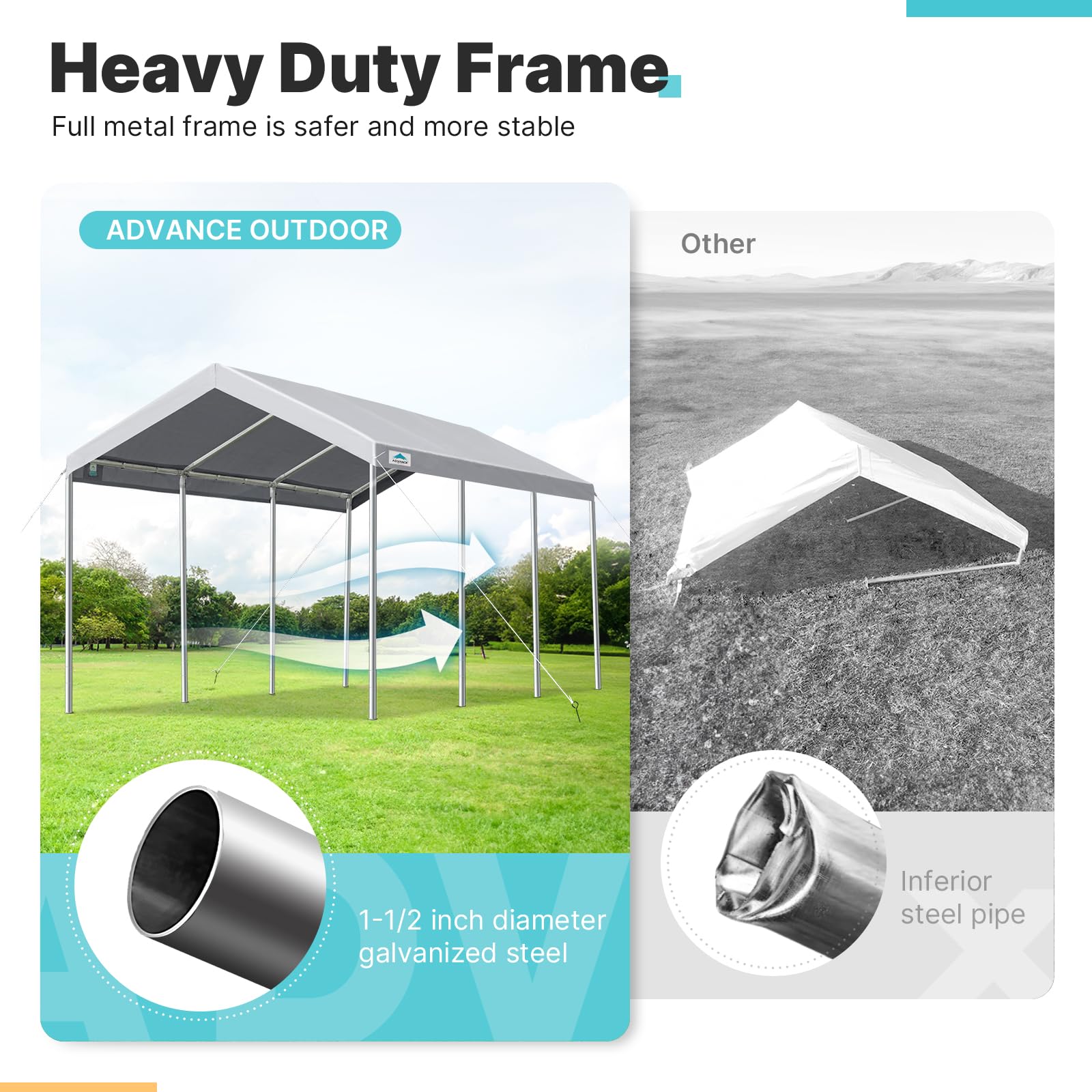 ADVANCE OUTDOOR 10x20 ft Adjustable Height Carport Heavy Duty Car Canopy Garage Shelter Boat Wedding Party Tent, No Sidewall, Grey