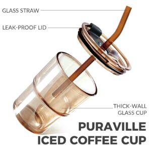 Puraville 12 oz Coffee Cup 2pcs Glass Cups with Lids and Straws Coffee Mug Set with Insulated sleeve Glass Tumbler Drinking Jar, Amber and Gray