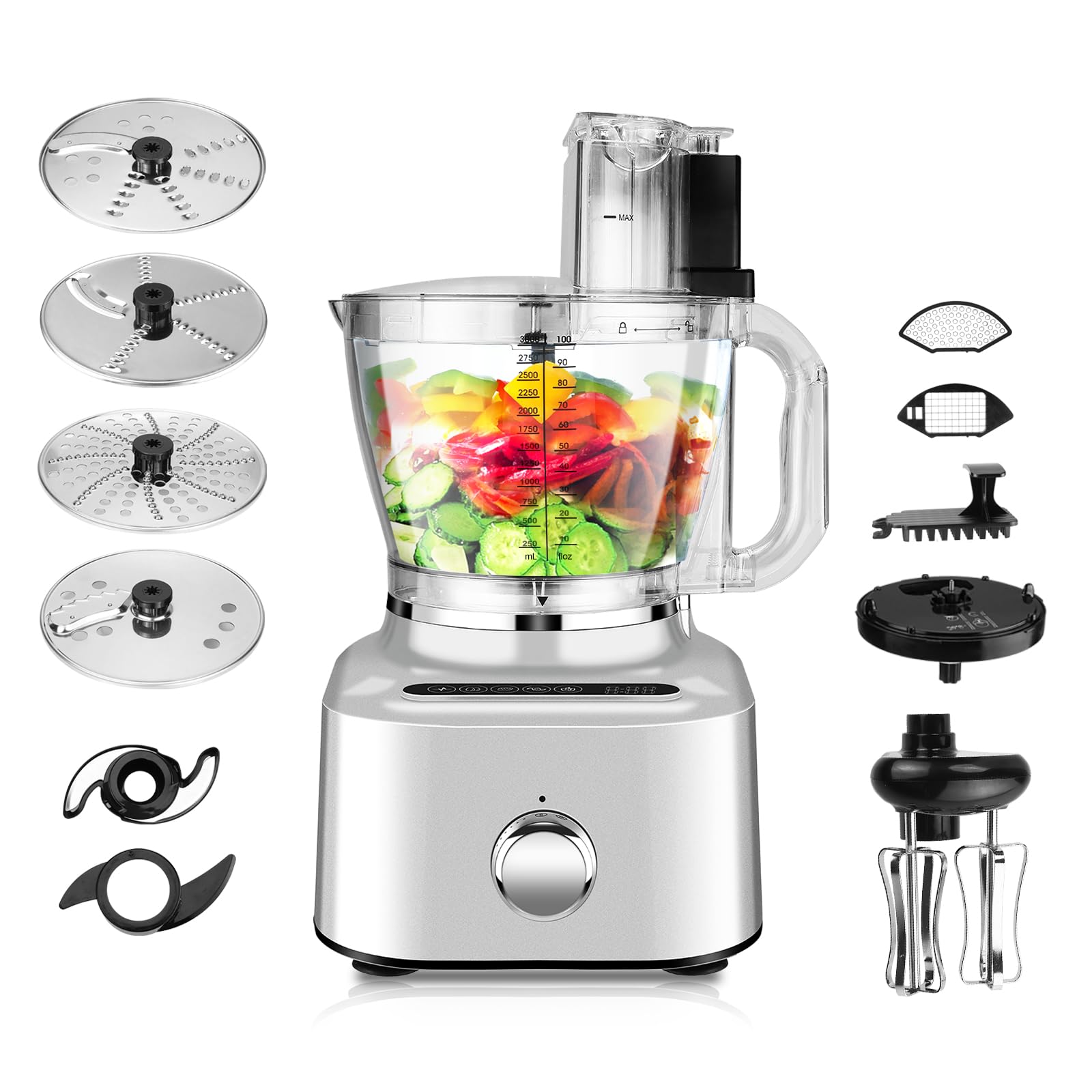 Homtone 16 Cup Food Processor, Aluminum-Diecast Food Processors, 5 Preset Modes Vegetable Chopper Electric, 8 Blades 11 Functions for Home Use, Stepless Speed Control, 650W, Sliver