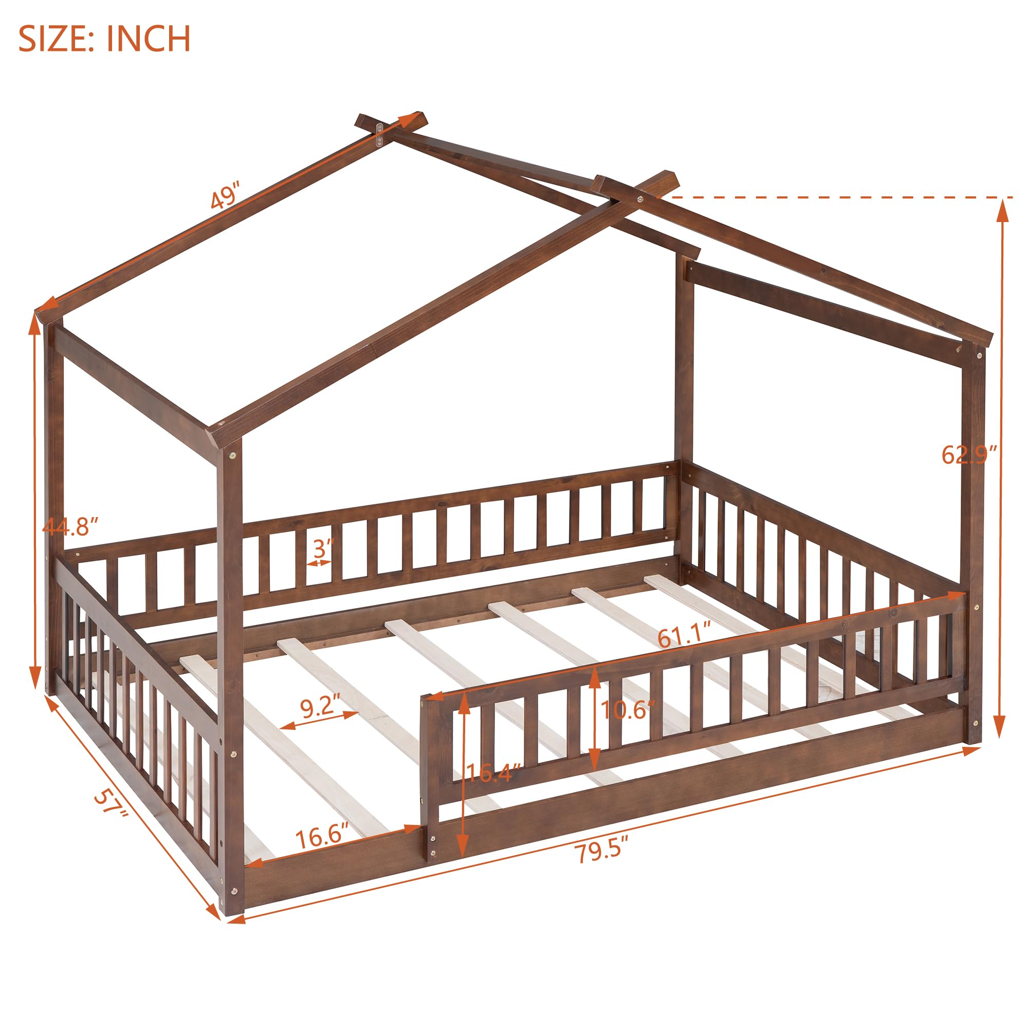 BestLM Full Size Wooden House Bed for Kids, Wood Platform Bed Frame with Fence, Roof, and Safety Guardrail for Kids, Teens, Girls, Boys, Walnut