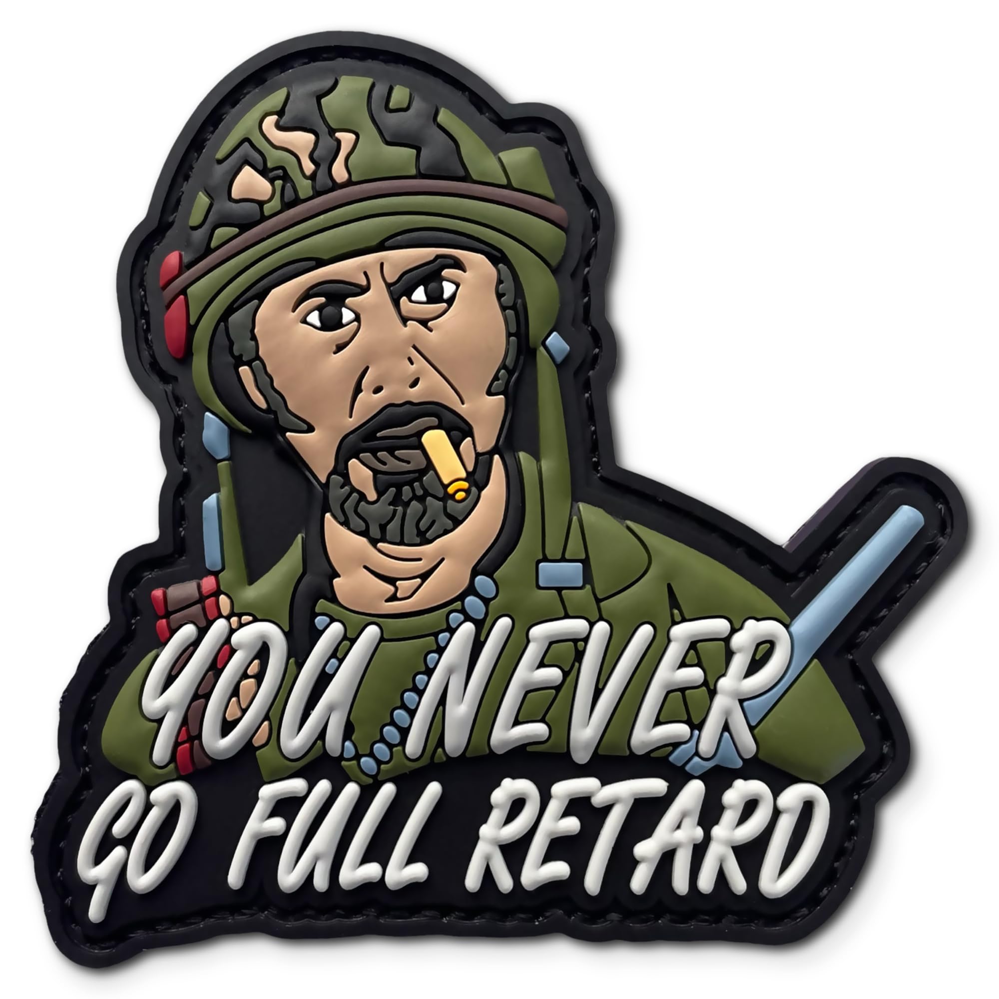 Never Go Full Retard PVC Patch: Humorous Morale Patch with Hook and Loop - Funny Tactical Military Patches, Tropic Thunder, Morale Patches for Backpacks, Helmet and Other Military Tactical Gears