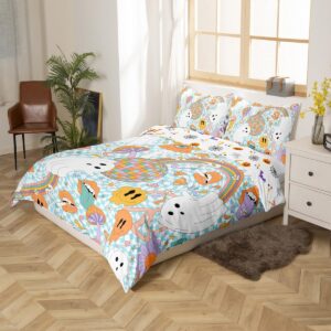 Erosebridal Cartoon Ghost Duvet Cover Rainbow Bedding Set Full,Hippie Groovy Flowers Comforter Cover Gothic Bed Set Cute Mushroom Peace Symbol Boho Floral Kawaii Halloween Decorations Indoor