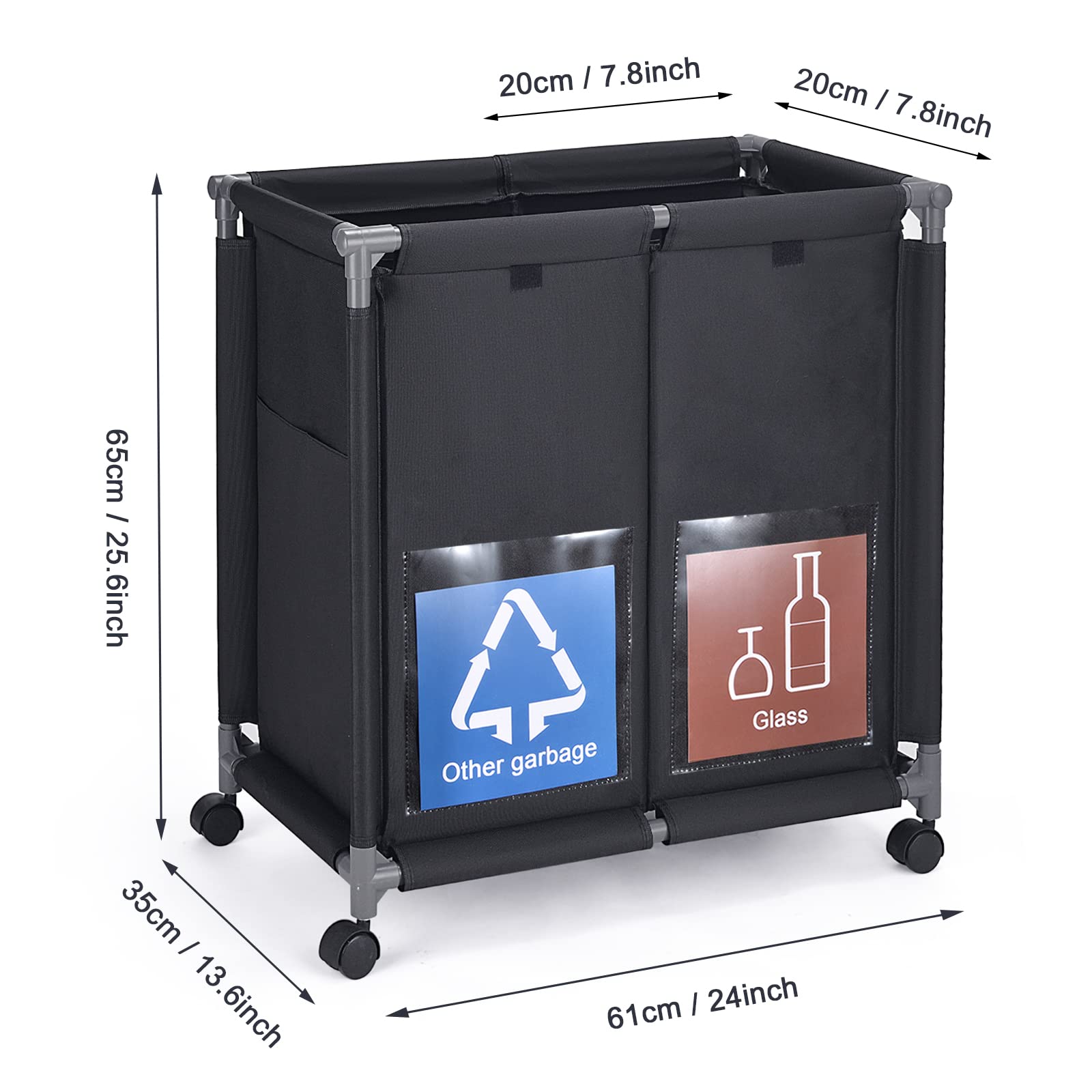 Hivexagon 2 in 1 Garbage Recycle Sorting Basket,2 Cover Top Compartments with Wheels,2 Front Transparent Display Pockets 110L Large Capacity Perfect for Kitchen Office