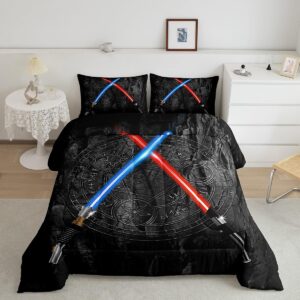 castle fairy lightsaber comforter set full size 3d neon blue red bedding set 3pcs geometric sun moon round quilt set for kids boys girls teens room decor fashion vintage stone wall duvet insert,black